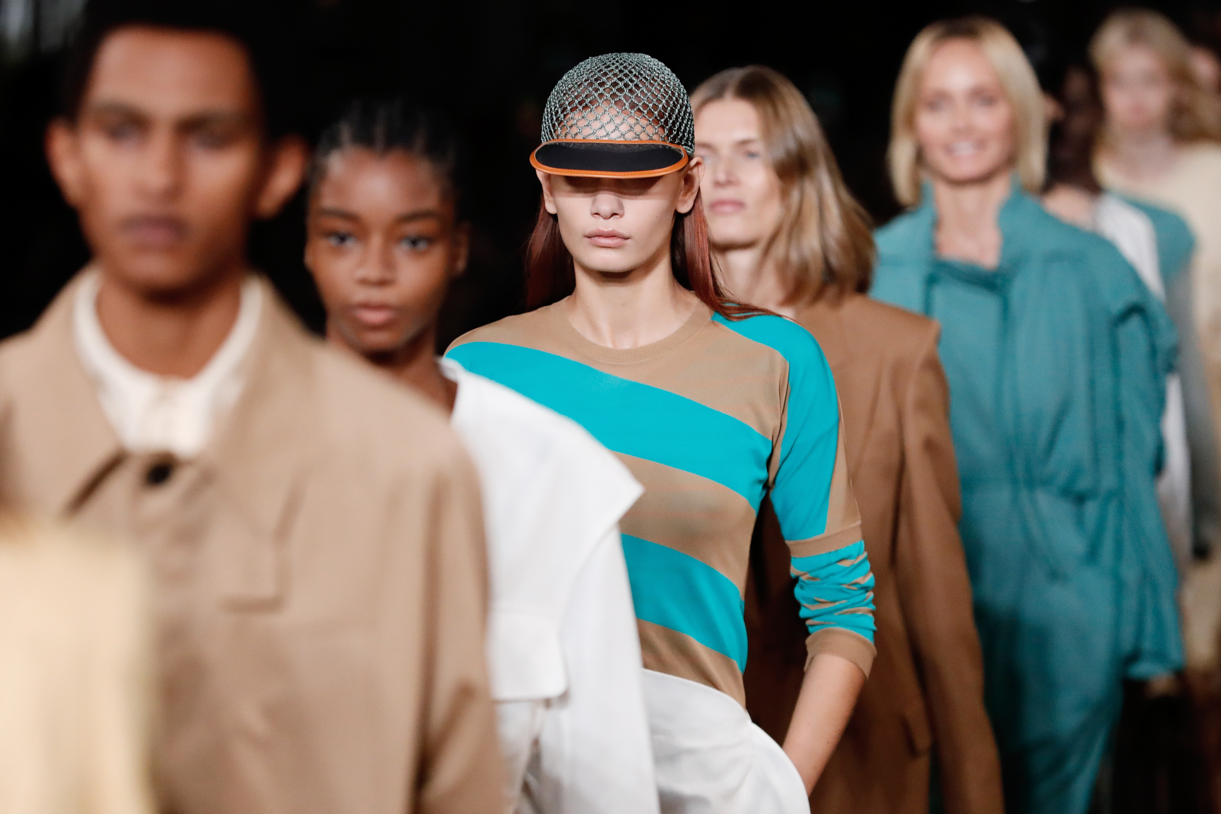 Models present a creation by Stella McCartney during the Women's Spring-Summer 2020 Ready-to-Wear collection fashion show at the Opera Garnier in Paris, on September 30, 2019.