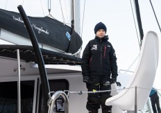 Swedish climate activist Greta Thunberg stands aboard the catamaran La Vagabonde as she sets sail to Europe in Hampton, Virginia, on November 13, 2019. 