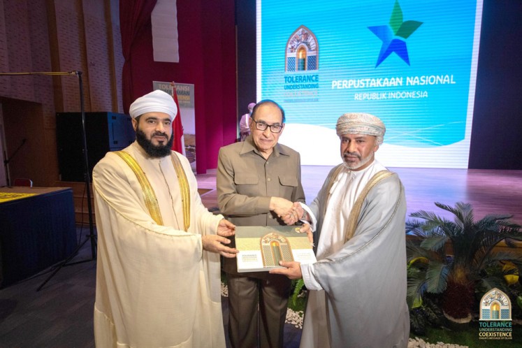 It's official: Ambassador of the Sultanate of Oman H.H. Al Sayyid Nazar Al Julanda Bin Majid Al Said (from right), the Indonesian President's Special Envoy to the Middle East Prof. Dr. Alwi Shihab and advisor to Oman's Minister of Endowments and Religious Affairs Dr. Mohammed Said Al-Mamari pose together for a photograph recently during the opening of Oman's Message of Islam exhibition.