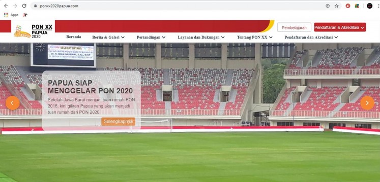 The front-face of 2020 Papua PON National Games official website, ponxx2020papua.com. Papua is to host the 20th Games from Oct. 20 to Nov. 2, 2020. 