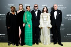 Whoopi Goldberg, Mia Goth, Yara Shahidi, Italian photographer Paolo Roversi, Claire Foy and CEO of Pirelli Marco Tronchetti Provera pose at the launch of the 'Looking for Juliet' 2020 Pirelli Calendar, in the northern Italian city of Verona, Italy, on December 3, 2019. 