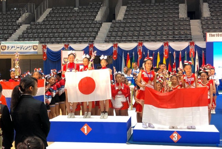 Award ceremony for the Indonesian student team after winning bronze at the 10th Cheerleading World Championships held in Takasaki, Japan.