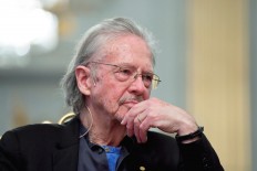 Nobel Prize in Literature laureate Peter Handke reacts during a news conference at the Swedish Academy in Stockholm, Sweden, on December 6, 2019.