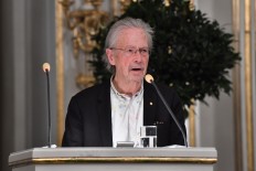 Austrian writer Peter Handke, Nobel Prize Literature laureate 2019, is pictured during his Nobel Lecture at the Swedish Academy in Stockholm, on December 7, 2019.