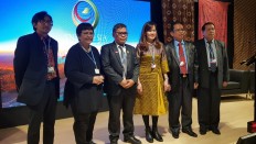 Climate resilience supporters: Posing together for a photograph on the sidelines of the UN Climate Change Conference in Madrid, Spain, held to discuss multistakeholder cooperation to fight forest fires, are (from left) the Center of People and Forests&rsquo; Indonesian country program director, Gamma Galudra, Maritime Affairs and Investment Coordinating Ministry office advisor Kartini Sjahrir, Environment and Forestry Deputy Minister Alue Dohong, Asia Pulp and Paper Sinar Mas chief sustainability officer Elim Sritaba, Dayak Misik Central Kalimantan organization chief Siun Jarias and Palangkaraya University lecturer Kumpiady. 