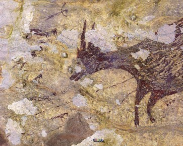 This handout photography released by Griffith University on December 11, 2019, shows cave art inside Bulu Sipong 4, Sulawesi, Indonesia. - A hunting scene painted 44,000 years ago, the oldest known to date, whose half-human, half-animal representations suggest a successful artistic culture, or even the beginnings of a religion, was discovered in a prehistoric cave in Indonesia, has been revealed in a study on December 11. 