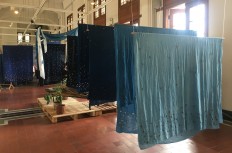 The process of indigo dyeing on fabrics is demonstrated at the 't'angan' exhibition by SukkhaCitta at the Bank Indonesia Museum in Jakarta on Dec. 7, 2019.