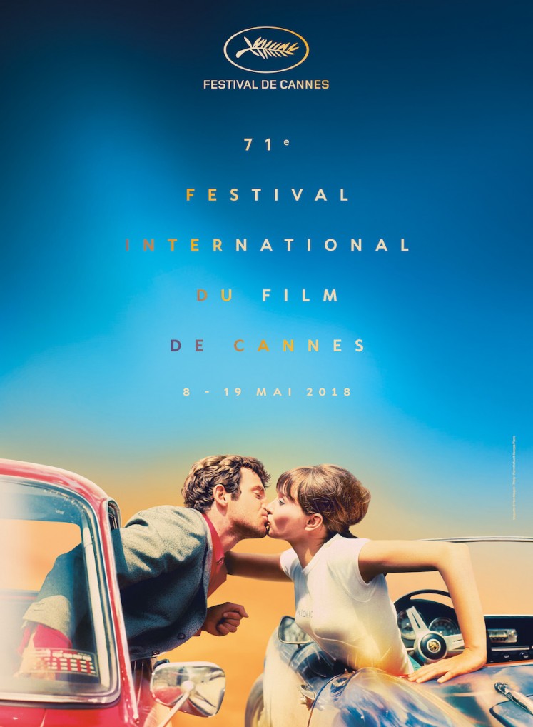This handout image obtained on April 11, 2018 from the the Cannes Film Festival is the official poster for the 71st festival created by graphic design house Filifox, featuring a rendering by Flore Maquin of a photo by Georges Pierre taken as a still from the 1965 film 'Pierrot le fou' by Jean-Luc Godard and starring Anna Karina (R) and Jean-Paul Belmondo. The 71st annual Cannes Film Festival is set to be held from May 9-18, 2018 with Australian actress Cate Blanchett as head of the jury. 