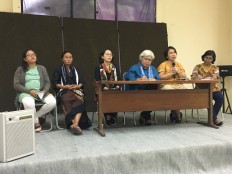 Valentina Sagala (‘second right’) speaks at a press conference about the Perempuan Meruwat Negeri (Women Heal the Nation) demonstration in Central Jakarta.