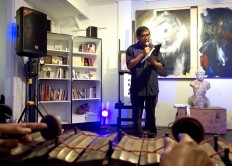 Sindhunata reads his poems at the Art Gallery Dialektika in Malang, East Java, on Dec. 27, 2019.