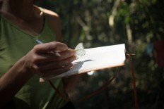 An expedition member notes the characteristics of a butterfly on a notebook, near Mogoumba, on December, 6, 2019. In the Lobaye forest, southwest of the Central African Republic, a scientific expedition is trying to find the first larval stage of Papilio antimachus, called the Great Red, Africa's largest butterfly. 