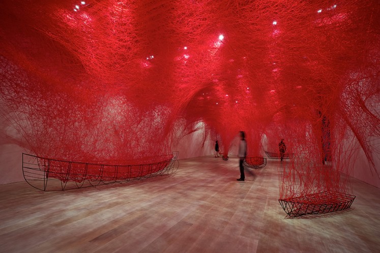 'Uncertain Journey' (2016/2019) by Chiharu Shiota, a part of the The Soul Trembles exhibition at Mori Art Museum, Tokyo, 2019.
