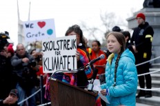 Swedish climate change teen activist Greta Thunberg speaks during a climate strike at the Alberta Legislature in Edmonton, Alberta, Canada, on October 18, 2019. 