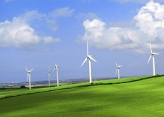 Wind turbine farm on a hillside in Cornwall, England.