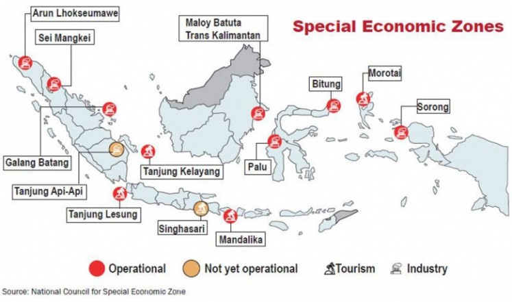 Map of special economic zones (SEZ) in Indonesia. Likupang (North Sulawesi) and Singhasari (East Java) have just recently been added as tourism SEZ, as well as Kendal (Central Java) as industrial SEZ.