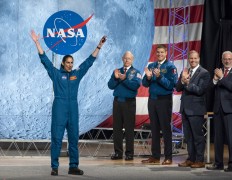 NASA astronaut Jasmin Moghbeli celebrates during astronaut graduation at Johnson Space Center in Houston Texas, on January 10, 2020. The 13 astronauts, 11 from NASA and 2 from CSA, are the first candidates to graduate under the Artemis program and will become eligible for spaceflight, including assignments to the International Space Station, Artemis missions to the Moon, and ultimately, missions to Mars, according to NASA.