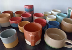 The colorful mugs made by Kaloka Pottery 