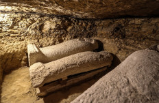 A picture taken on January 30, 2020 shows limestone sarcophagi discovered among many archeological finds in 3000-year-old communal tombs dedicated to high priests in Ghuraifah in Tuna al-Jabal in the Minya governorate. 