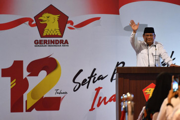 Gerindra Party chairman Prabowo Subianto delivers a speech on Feb. 6, 2020 during the party's 12th anniversary event at the Gerindra headquarters in South Jakarta.