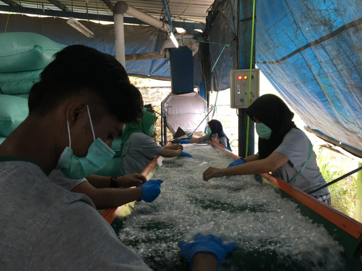 Workers check the quality of plastic flakes before recycling process at Roy Pet Collection Center in Leuwigajah, Bandung, West Java.