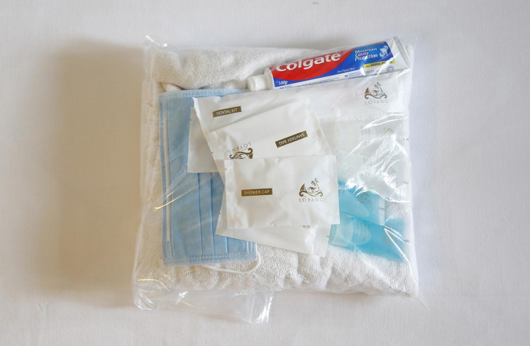 A package containing toiletries and a surgical mask provided by a government quarantine facility in Singapore February 29, 2020. 
