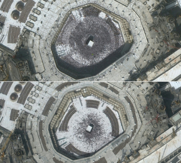 This combination of pictures created on March 5, 2020 using handout images released on March 5, 2020 by Maxar Technologies shows a crowd at Mecca's Grand Mosque and the Kaaba on February 14, 2020 (top) and a much smaller group of visitors on March 3, 2020, a day before fears over the novel coronavirus led to the suspension of the 