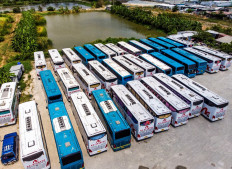 An aerial photo shows unused tourist buses parked on a lot near Suvarnabhumi Airport in Bangkok on March 8, 2020. Ranks of tourist buses idle under a burning sun while once-bustling theme parks lie empty -- from above, striking images reveal the hollowing out of Thai tourism due to fears of the new coronavirus.