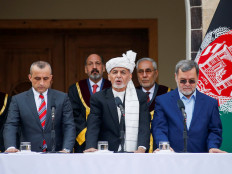 Afghanistan's President Ashraf Ghani, his first Vice President Amrullah Saleh (left) and second Vice President Sarwar Danish (right) taken an oath during their inauguration, in Kabul, Afghanistan on Monday.