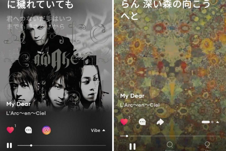 Vibe is one of the features in the Resso social-music streaming app that enables users to change the background of their now-playing screen. The left image is the original background from the app, while the right image is the background that has been changed. 