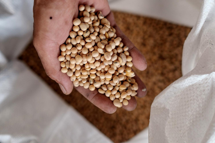 A tempe artisan shows soybeans imported from the United States in this undated file photo. 