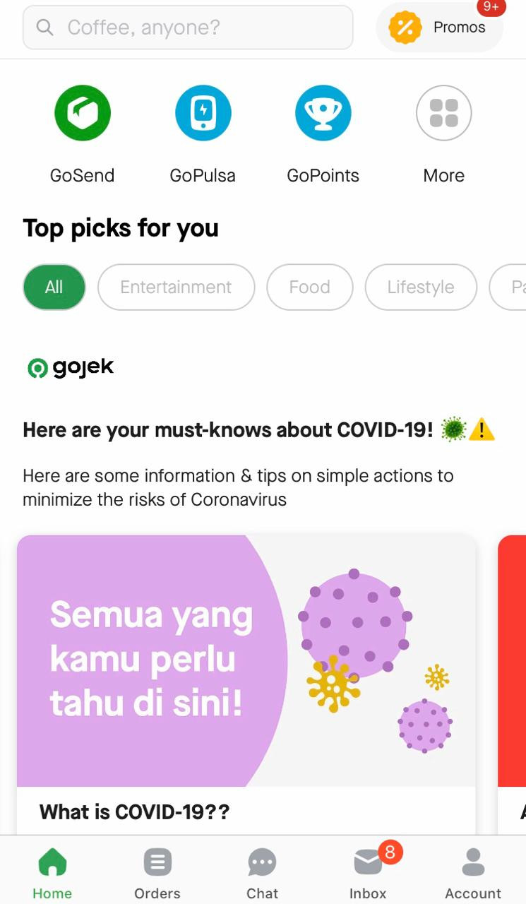 Homepage of Gojek app shows basic information about the novel coronavirus COVID-19.