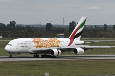 This picture shows an Airbus A380 of the Emirates airline during landing on September 24, 2019 at the airport in Duesseldorf, western Germany.