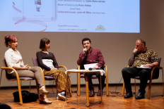 Sharing stories: Author Ayu Utami (‘left to right’), writer Carissa Putriziandra, writer Abdul Samad Haidari and his foster father Ross Dunn talk about the poetry collection ‘The Red Ribbon’ in Jakarta.