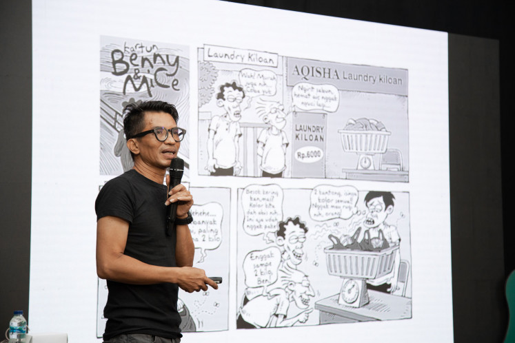 Creative inspiration: Cartoonist Muhammad “Mice” Misrad, known for the Benny and Mice comic strip published in the Kompas national daily, delivers an inspirational class during the March Festival (MARFEST) 2020 at Raden Umar Said Kudus vocational senior high school (SMK) in Central Java. The festival, which is supported by the Djarum Foundation, encourages the development of much-needed creative smarts to prepare students for Industry 4.0.