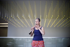 Clare Hoskins, a freelance oboist, poses for a photograph in central London on March 20, 2020. 