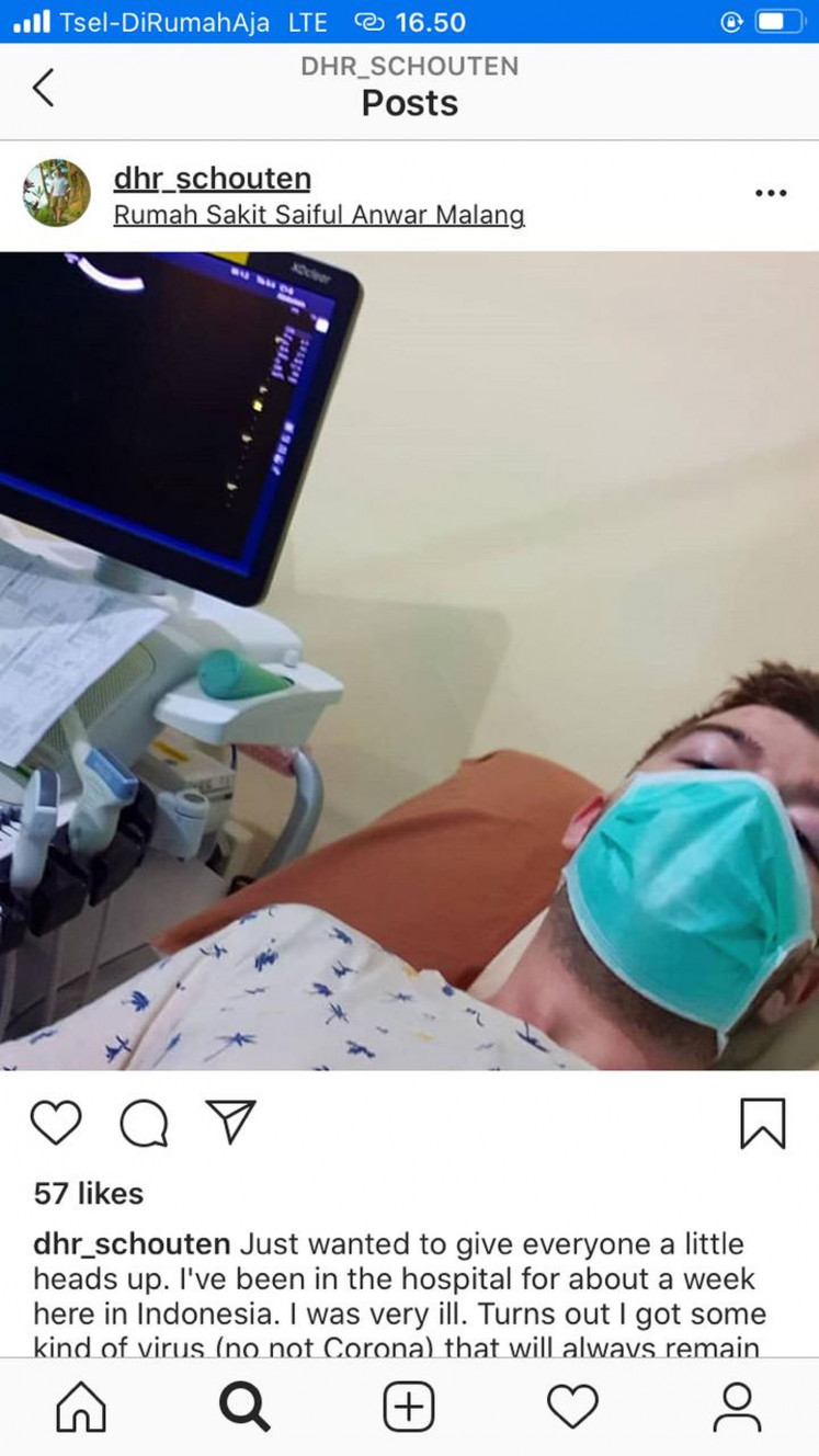 A screen grab of an Instagram post of Joey Schouten of the Netherlands who on March 19, 2020 finds he had COVID-19 during his trip to East Java in January. Schouten is already back at home. 