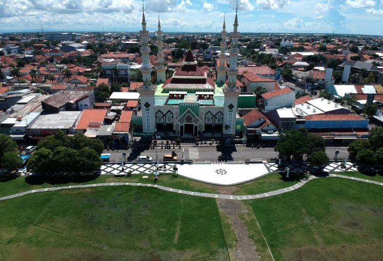 An aerial view of a city square in Tegal, West Java, on March 22, 2020. The administration has closed road access into the city in an attempt to impose a lockdown to prevent the spread of COVID-19