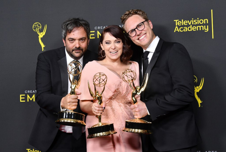 Adam Schlesinger (left), Rachel Bloom (center) and Jack Dolgen (right) pose with the Outstanding Original Music and Lyrics Award for 'Crazy Ex-Girlfriend' in the press room during the 2019 Creative Arts Emmy Awards on September 14, 2019 in Los Angeles, California. 
