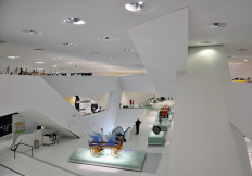 The white interior of the Porsche Museum in Stuttgart, Germany on April 21, 2015.