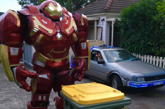 This handout photo taken on April 7, 2020 and received courtesy of Simon Wait on April 9 shows Simon Wait posing for a photo taken by his wife Melanie Wait as he takes out the rubbish bin dressed up in costume in Newcastle in the Australian state of New South Wales. (Courtesy of Simon Wait/AFP/Melanie Wait).
Usage: 0