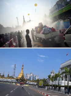This combination photo created on April 12, 2020 shows people taking part in celebrations for Thingyan, the water festival which marks the country's new year, in Yangon on April 13, 2014 (top) and a man walking on the street in front of the Sule Pagoda on the first day of Thingyan in Yangon on April 12, 2020, amid restrictions put in place to halt the spread of the COVID-19 novel coronavirus. 