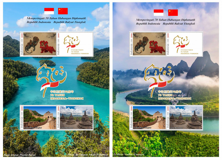 The designs of covers and stamps, featuring cultures and historical landmarks of Indonesia and China, have been produced especially to commemorate the 70th anniversary of diplomatic ties between Jakarta and Beijing.