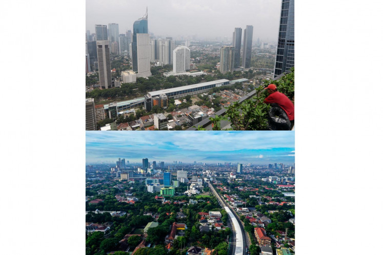 This diptych demonstrates the side effects of the physical distancing policy on air quality in Jakarta. The first photo (above) shows a view from Central Jakarta on March 11, with a hazy skyline. The second photo (below) shows the Jakarta skyline around Jl. Sudirman on April 3 with much clearer skies.