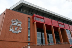 A picture shows the exterior of Liverpool football club's stadium Anfield in Liverpool, northwest England, on April 18, 2020.Champions Liverpool geared up to lift the Premier League trophy with a 5-3 win over Chelsea in a goal feast at Anfield on Wednesday to ensure they went an entire league season unbeaten at home.