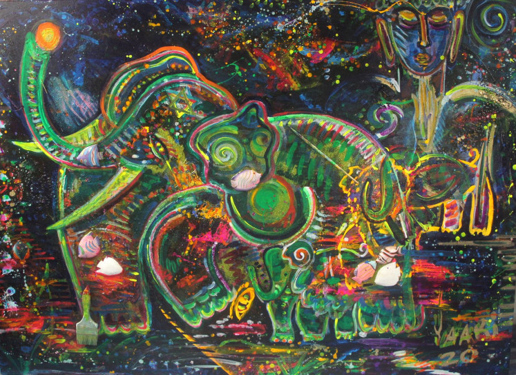On a mission: A painting by Rom Yaari created to help save the elephants.