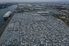 New cars are seen lined up at the Port of Los Angeles, California, United States on April 29, 2020.  