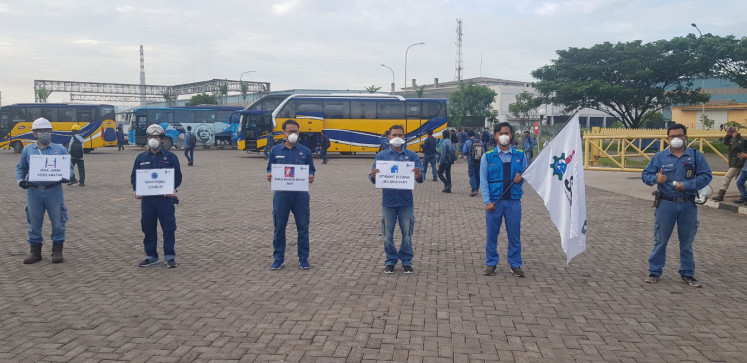 Prevention is key: Members of PT Krakatau POSCO participate in a program about how to prevent COVID-19 transmission in the factory premises.