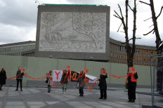 Activists form a human chain during a demonstration in a last-ditch effort to try to save a government-building adorned with Picasso murals on May 12, 2020 in Oslo. 