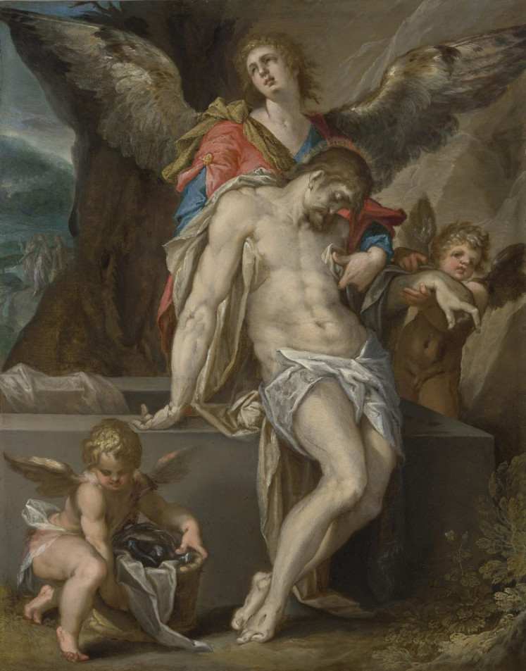 A handout photo made available on May 27, 2020 by the Rijksmuseum in Amsterdam shows 'The Body of Christ Supported by Angels' (1587) by Flemish 16th-century master Bartholomeus Spranger which was donated to the museum by Dutch art collector and dealer Bob Haboldt. 