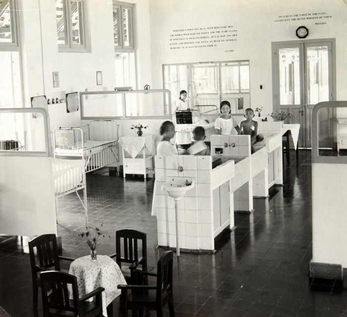 In good hands: A photo taken in 1939 shows a dormitory with sanitary facilities at the Children's Department of the Central Civil Hospital and Medical (CBZ) in Batavia, now Jakarta. The hospital also has a separate building to treat dysentery patients.